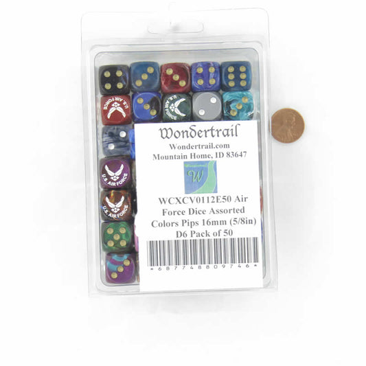 WCXCV0112E50 Air Force Dice Assorted Colors Pips 16mm (5/8in) D6 Pack of 50 Main Image