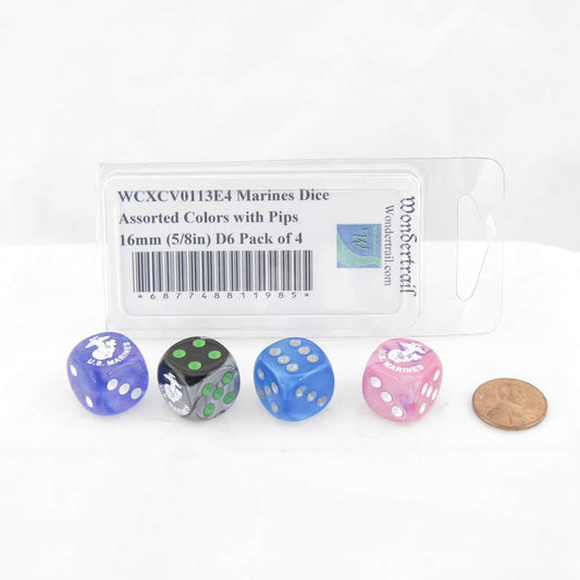 WCXCV0113E4 Marines Dice Assorted Colors with Pips 16mm (5/8in) D6 Pack of 4 Main Image