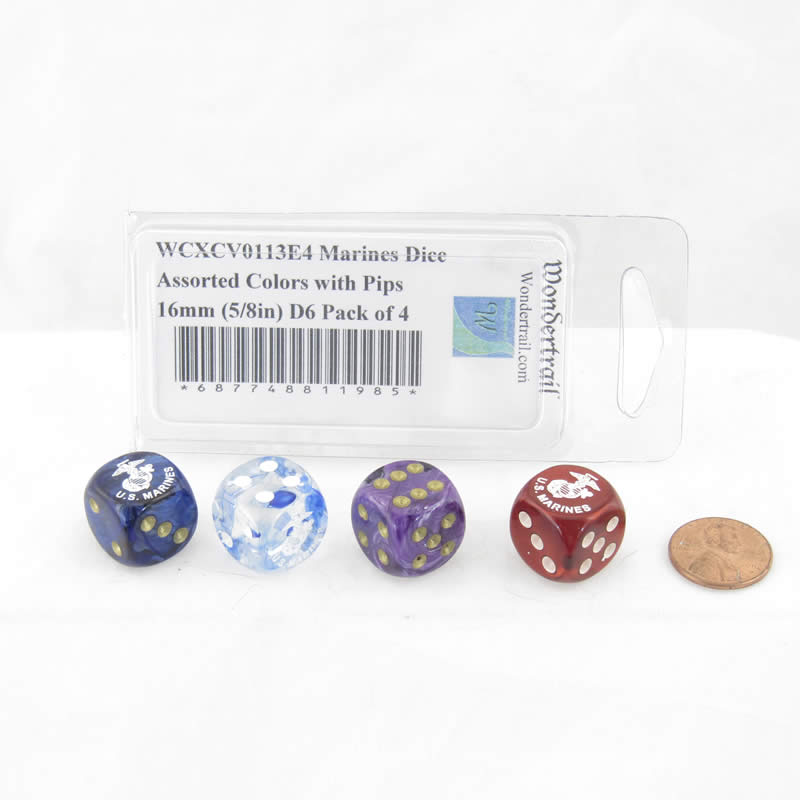 WCXCV0113E4 Marines Dice Assorted Colors with Pips 16mm (5/8in) D6 Pack of 4 3rd Image