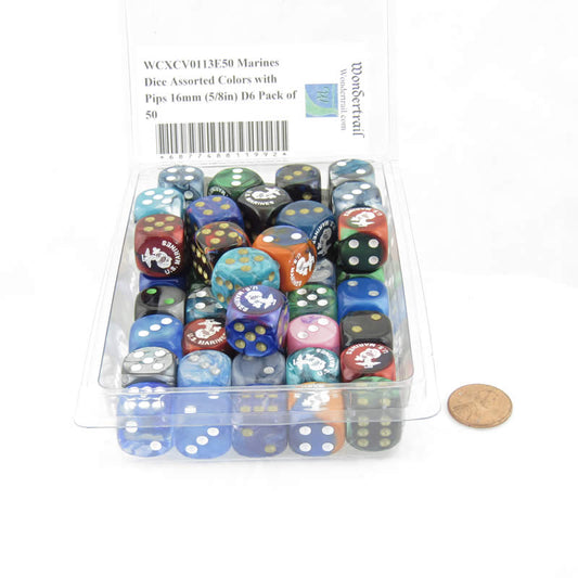 WCXCV0113E50 Marines Dice Assorted Colors with Pips 16mm (5/8in) D6 Pack of 50 Main Image