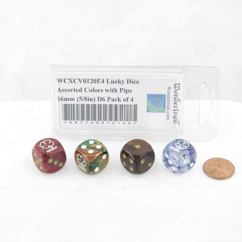 WCXCV0120E4 Lucky Dice Assorted Colors with Pips 16mm (5/8in) D6 Pack of 4 Main Image