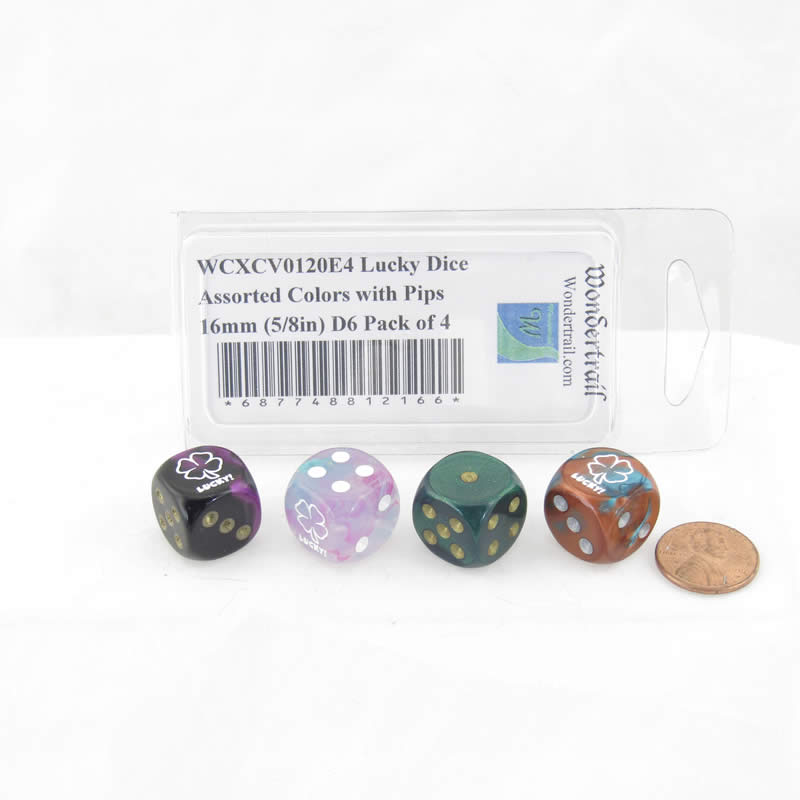 WCXCV0120E4 Lucky Dice Assorted Colors with Pips 16mm (5/8in) D6 Pack of 4 2nd Image