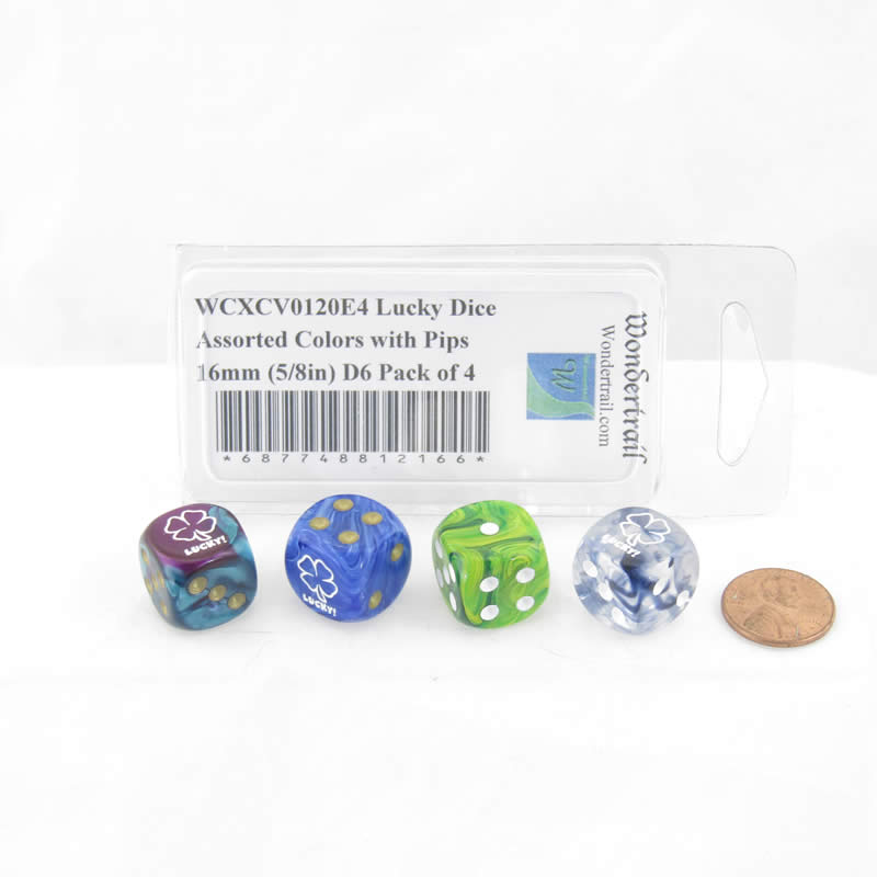 WCXCV0120E4 Lucky Dice Assorted Colors with Pips 16mm (5/8in) D6 Pack of 4 3rd Image
