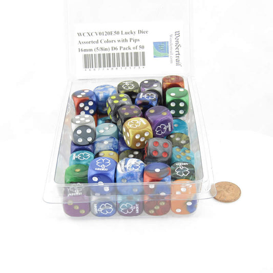 WCXCV0120E50 Lucky Dice Assorted Colors with Pips 16mm (5/8in) D6 Pack of 50 Main Image