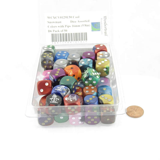 WCXCV0129E50 Cool Snowman Dice Assorted Colors with Pips 16mm (5/8in) D6 Pack of 50 Main Image