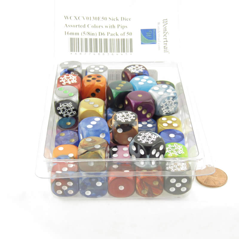 WCXCV0130E50 Sick Dice Assorted Colors with Pips 16mm (5/8in) D6 Pack of 50 2nd Image