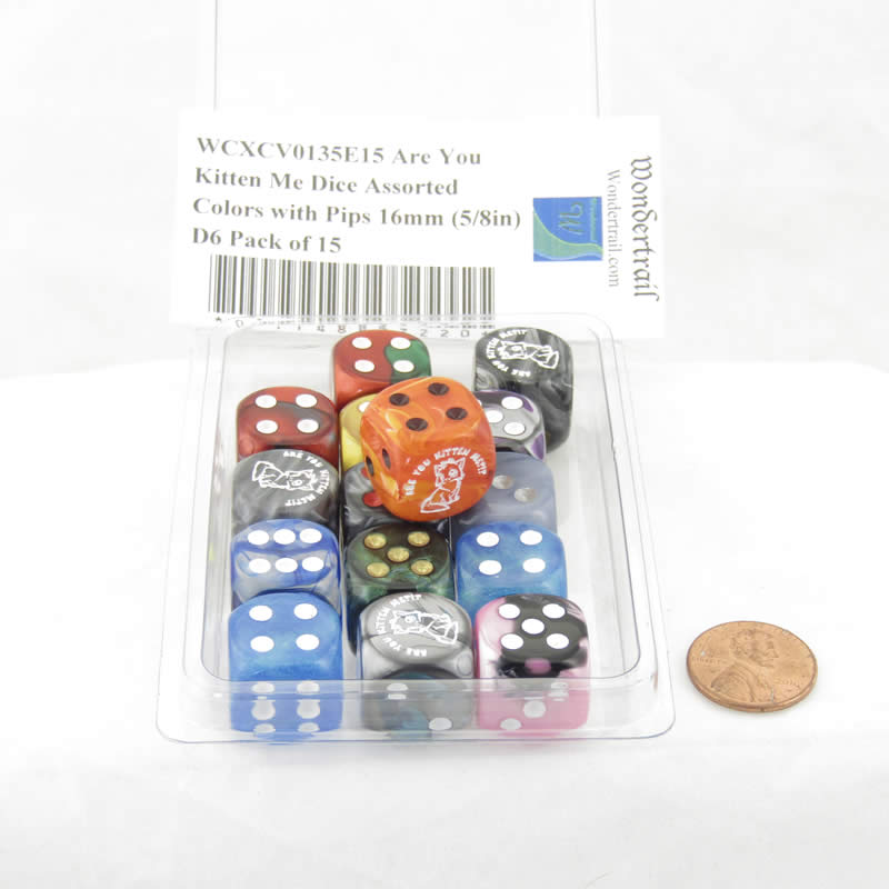 WCXCV0135E15 Are You Kitten Me Dice Assorted Colors with Pips 16mm (5/8in) D6 Pack of 15 2nd Image