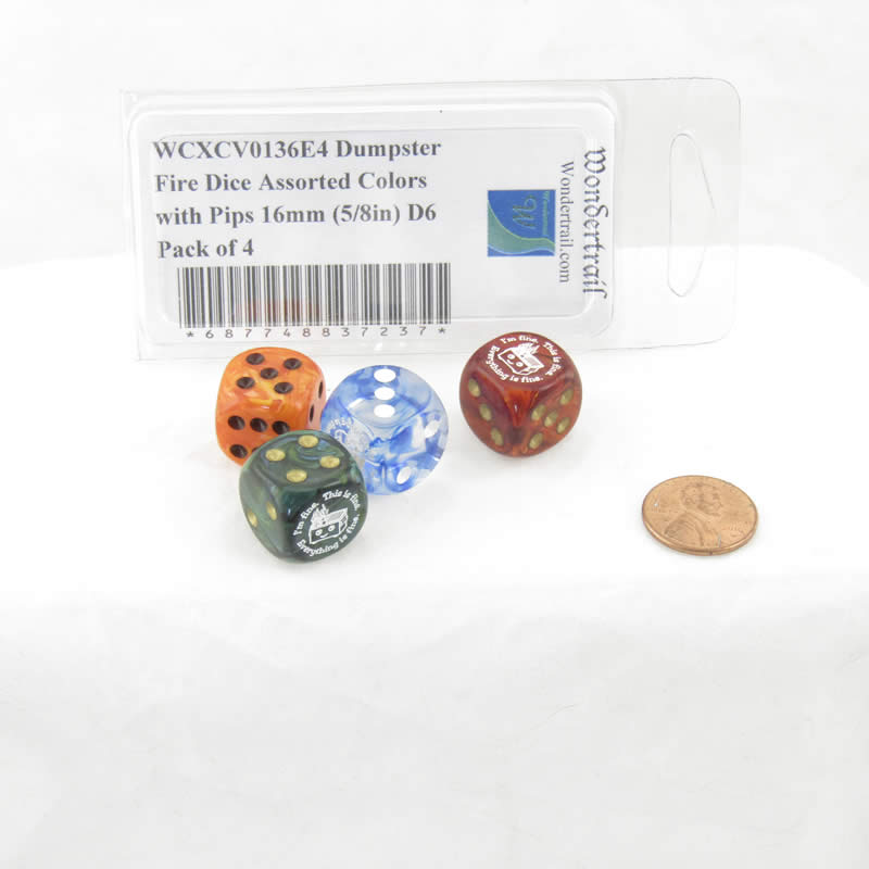 WCXCV0136E4 Dumpster Fire Dice Assorted Colors with Pips 16mm (5/8in) D6 Pack of 4 2nd Image