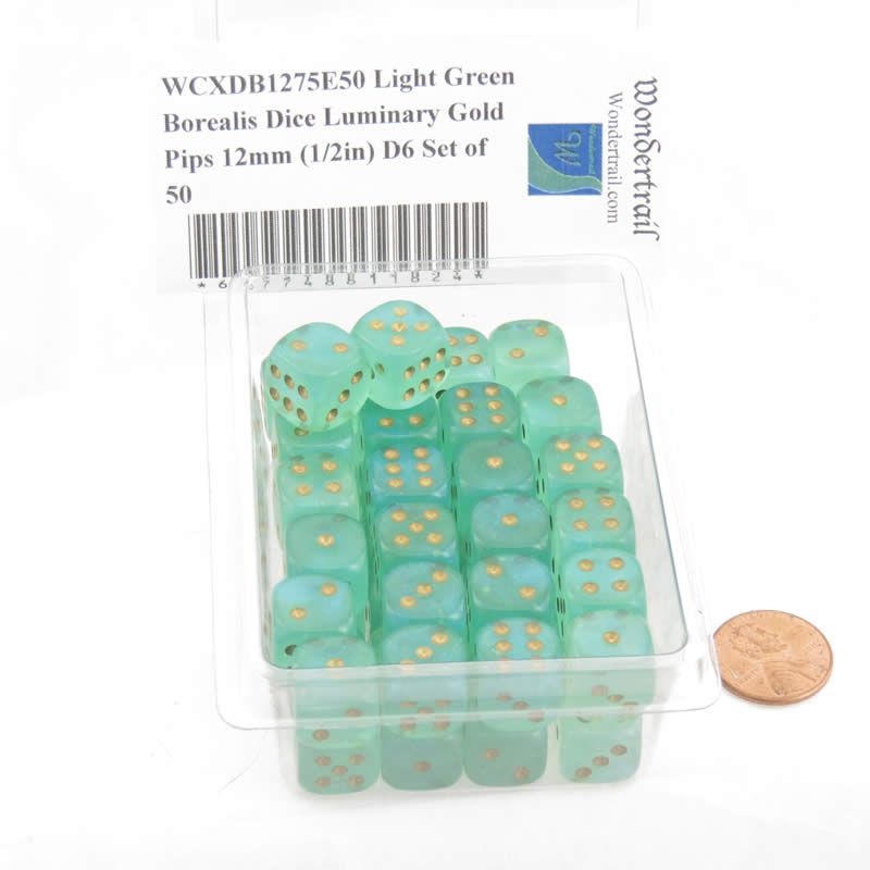 WCXDB1275E50 Light Green Borealis Dice Luminary Gold Pips 12mm (1/2in) D6 Set of 50 2nd Image