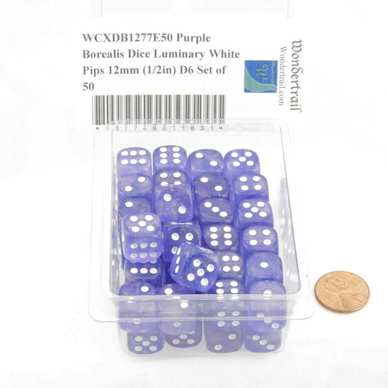 WCXDB1277E50 Purple Borealis Dice Luminary White Pips 12mm (1/2in) D6 Set of 50 2nd Image