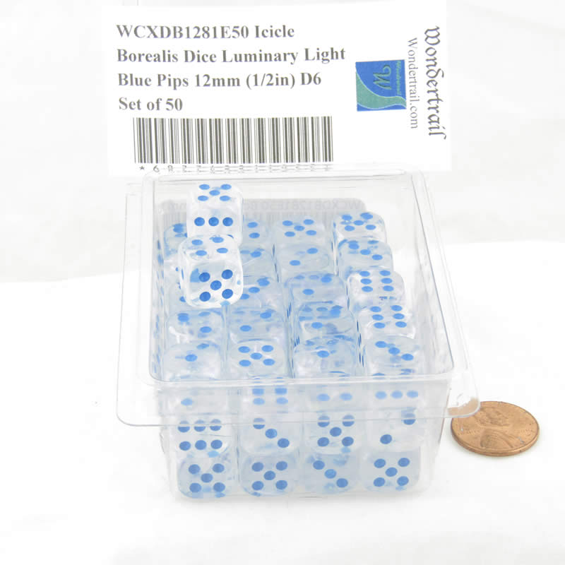 WCXDB1281E50 Icicle Borealis Dice Luminary Light Blue Pips 12mm (1/2in) D6 Set of 50 2nd Image