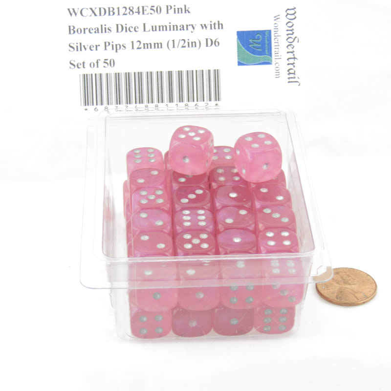 WCXDB1284E50 Pink Borealis Dice Luminary with Silver Pips 12mm (1/2in) D6 Set of 50 2nd Image