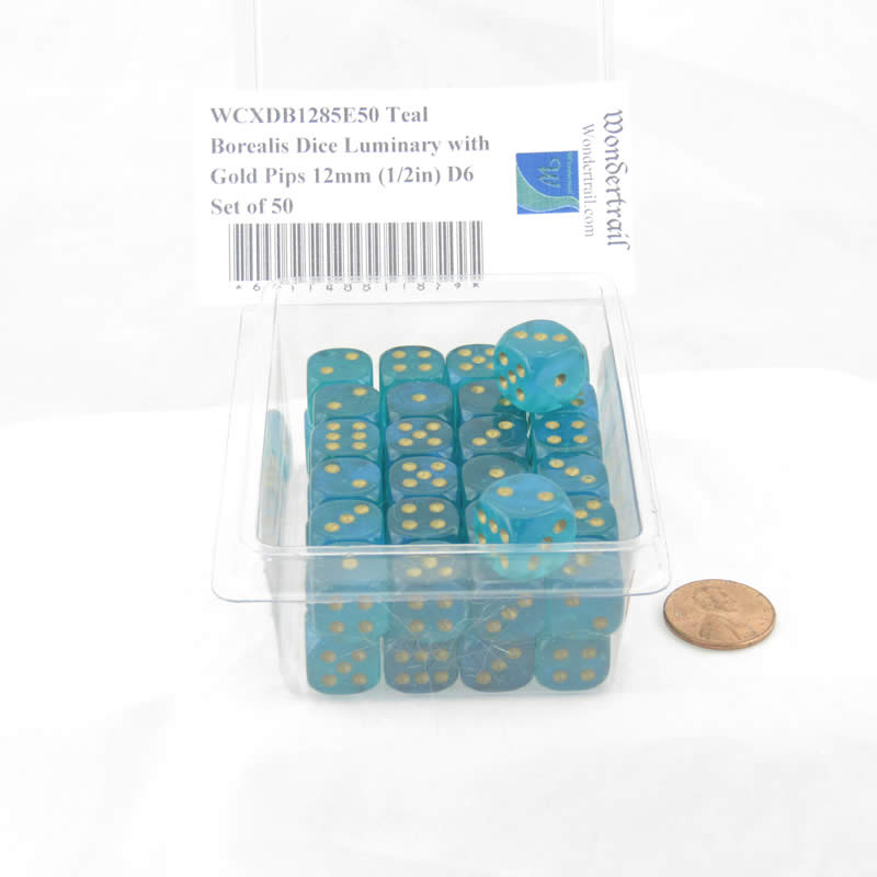 WCXDB1285E50 Teal Borealis Dice Luminary with Gold Pips 12mm (1/2in) D6 Set of 50 2nd Image