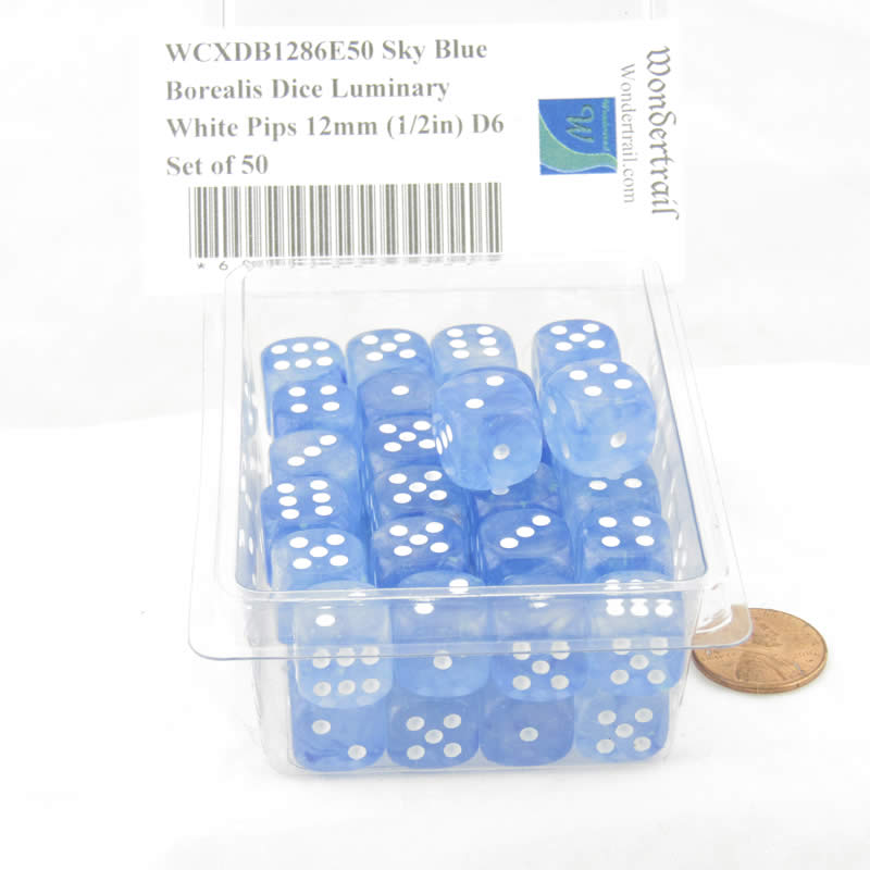 WCXDB1286E50 Sky Blue Borealis Dice Luminary White Pips 12mm (1/2in) D6 Set of 50 2nd Image