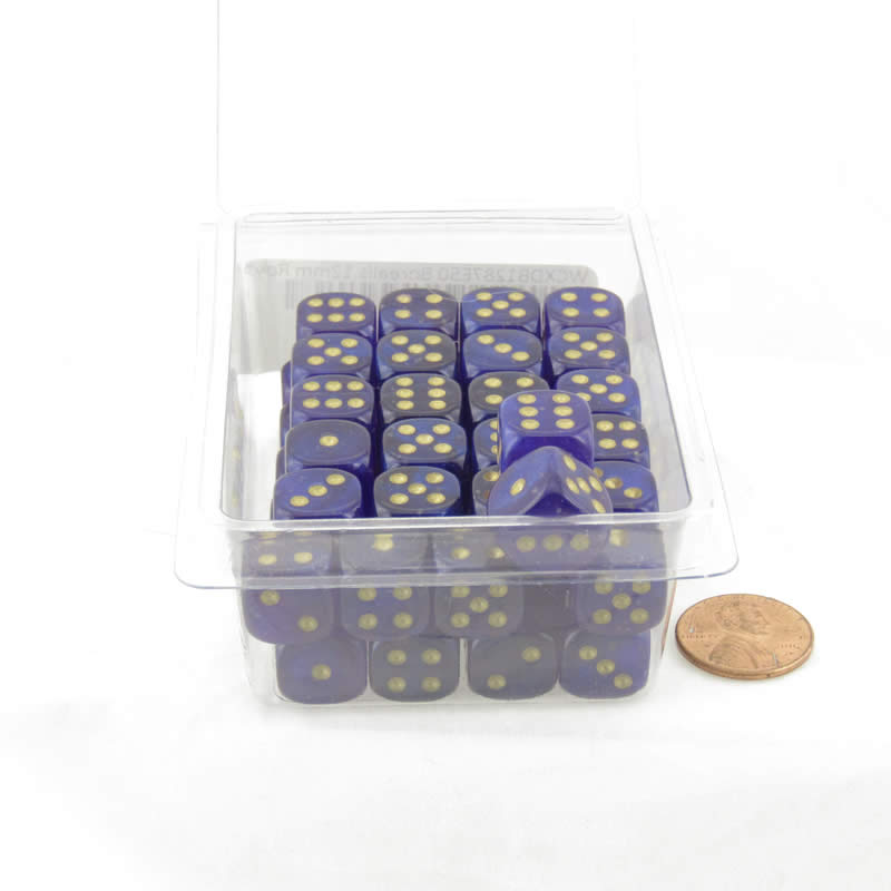 WCXDB1287E50 Royal Purple Borealis Dice Luminary Gold Pips 12mm D6 Set of 50 Main Image