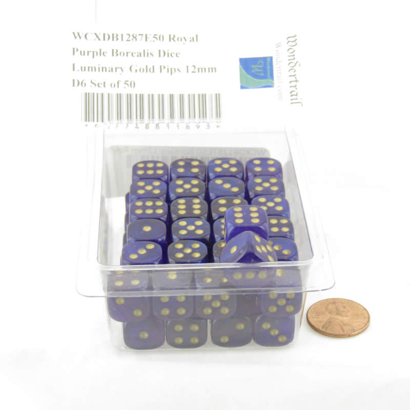 WCXDB1287E50 Royal Purple Borealis Dice Luminary Gold Pips 12mm D6 Set of 50 2nd Image