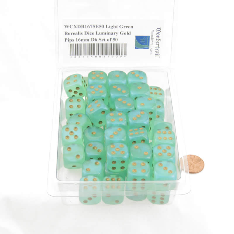 WCXDB1675E50 Light Green Borealis Dice Luminary Gold Pips 16mm D6 Set of 50 2nd Image