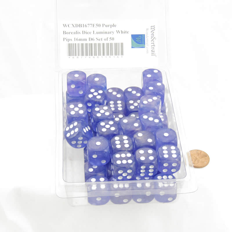 WCXDB1677E50 Purple Borealis Dice Luminary White Pips 16mm D6 Set of 50 2nd Image