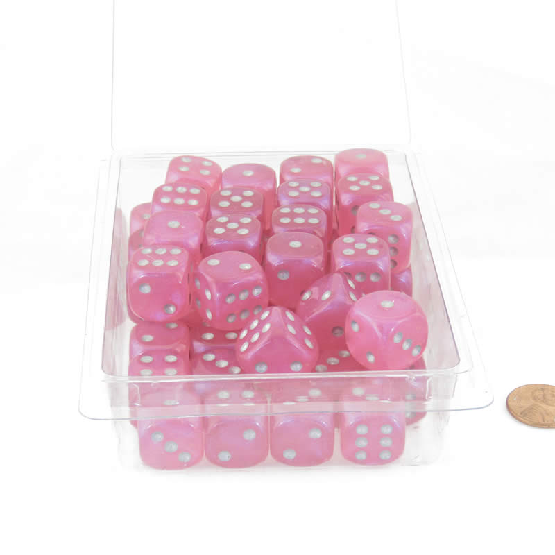 WCXDB1684E50 Pink Borealis Dice Luminary Silver Pips 16mm (5/8 inch) D6 Set of 50 Main Image