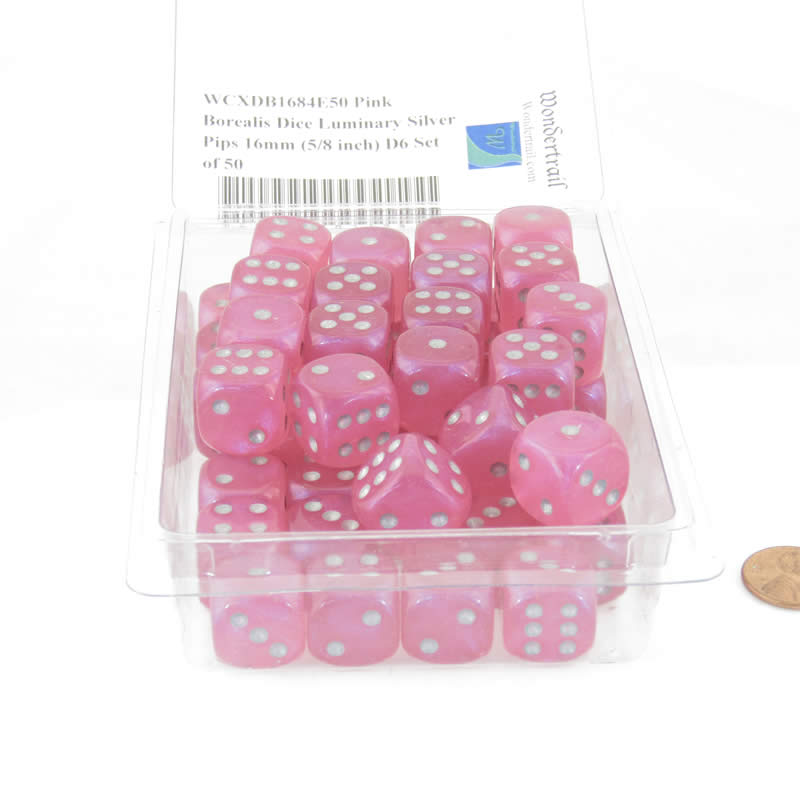 WCXDB1684E50 Pink Borealis Dice Luminary Silver Pips 16mm (5/8 inch) D6 Set of 50 2nd Image