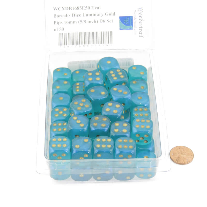 WCXDB1685E50 Teal Borealis Dice Luminary Gold Pips 16mm (5/8 inch) D6 Set of 50 2nd Image