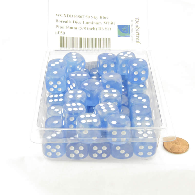 WCXDB1686E50 Sky Blue Borealis Dice Luminary White Pips 16mm (5/8 inch) D6 Set of 50 2nd Image