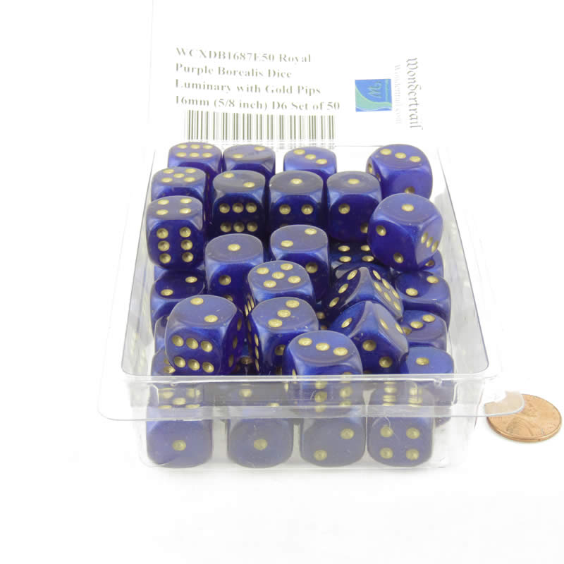 WCXDB1687E50 Royal Purple Borealis Dice Luminary with Gold Pips 16mm (5/8 inch) D6 Set of 50 2nd Image