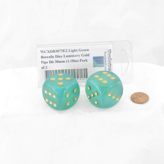 WCXDB3075E2 Light Green Borealis Dice Luminary Gold Pips D6 30mm (1.18in) Pack of 2 Main Image