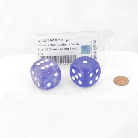 WCXDB3077E2 Purple Borealis Dice Luminary White Pips D6 30mm (1.18in) Pack of 2 Main Image