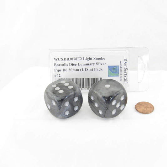 WCXDB3078E2 Light Smoke Borealis Dice Luminary Silver Pips D6 30mm (1.18in) Pack of 2 Main Image