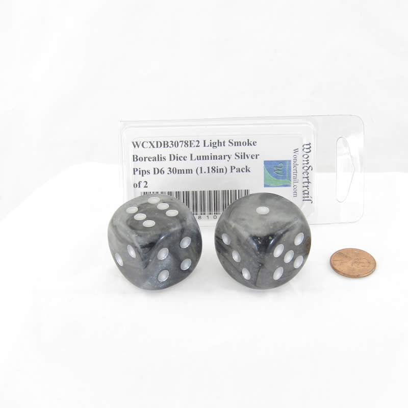 WCXDB3078E2 Light Smoke Borealis Dice Luminary Silver Pips D6 30mm (1.18in) Pack of 2 Main Image
