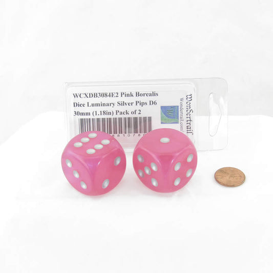 WCXDB3084E2 Pink Borealis Dice Luminary Silver Pips D6 30mm (1.18in) Pack of 2 Main Image