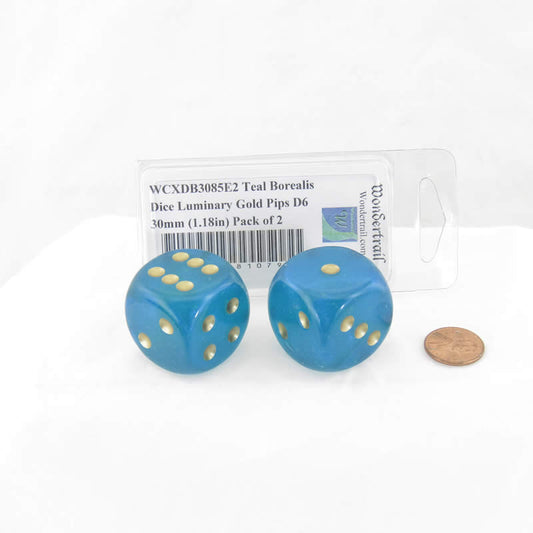 WCXDB3085E2 Teal Borealis Dice Luminary Gold Pips D6 30mm (1.18in) Pack of 2 Main Image