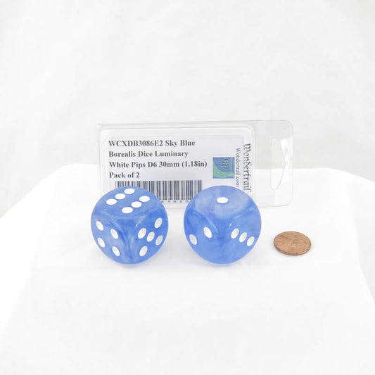 WCXDB3086E2 Sky Blue Borealis Dice Luminary White Pips D6 30mm (1.18in) Pack of 2 Main Image