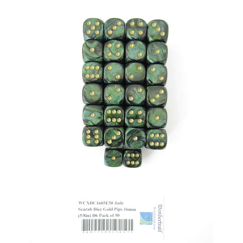 WCXDC1605E50 Jade Scarab Dice Gold Pips 16mm (5/8in) D6 Pack of 50 Main Image