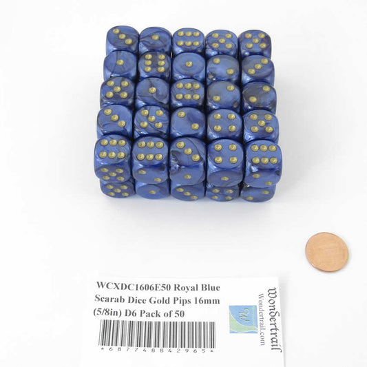 WCXDC1606E50 Royal Blue Scarab Dice Gold Pips 16mm (5/8in) D6 Pack of 50 Main Image