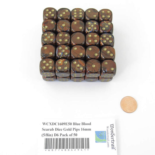 WCXDC1609E50 Blue Blood Scarab Dice Gold Pips 16mm (5/8in) D6 Pack of 50 Main Image