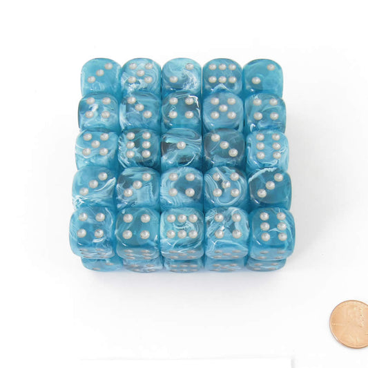 WCXDC1655E50 Aqua Cirrus Dice Silver Pips 16mm (5/8in) D6 Pack of 50 Main Image