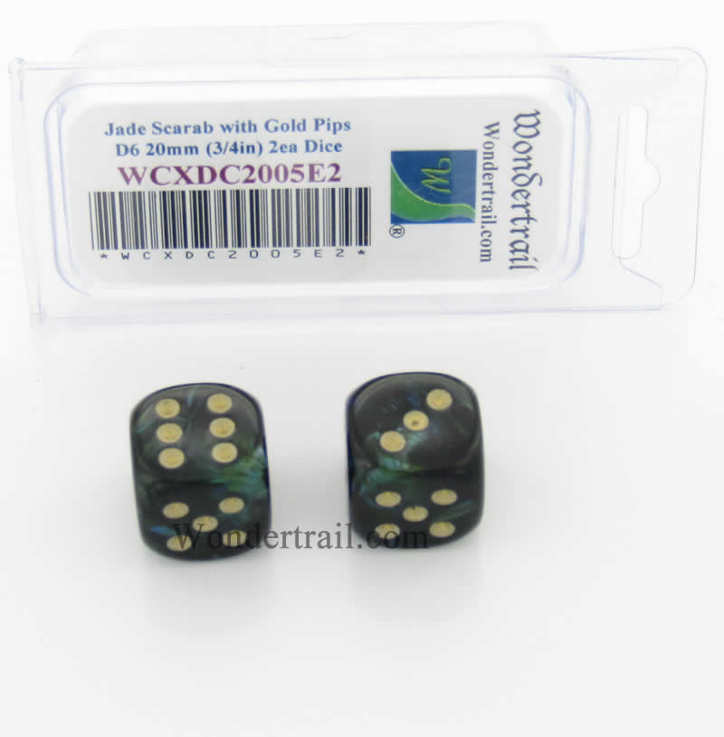 WCXDC2005E2 Jade Scarab Dice with Gold Pips 20mm (3/4in) D6 Pack of 2 Main Image