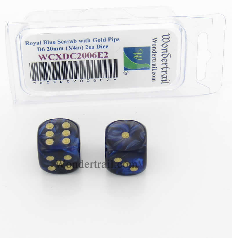 WCXDC2006E2 Royal Blue Scarab Dice Gold Pips 20mm D6 Pack of 2 Main Image