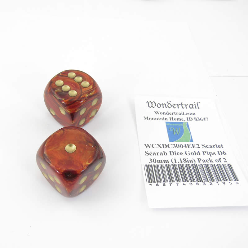 WCXDC3004EE2 Scarlet Scarab Dice Gold Pips D6 30mm (1.18in) Pack of 2 Main Image