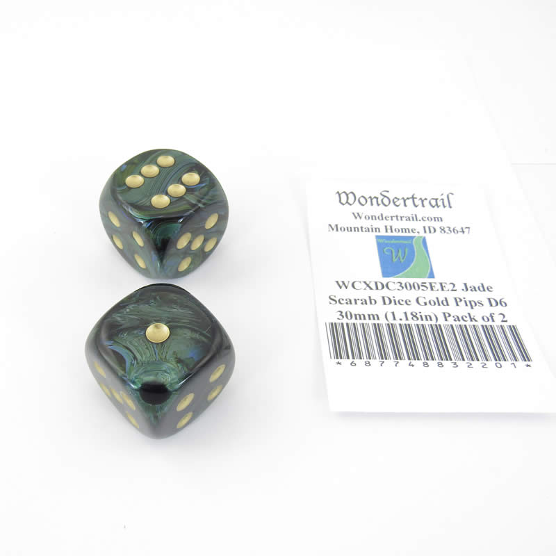 WCXDC3005EE2 Jade Scarab Dice Gold Pips D6 30mm (1.18in) Pack of 2 Main Image