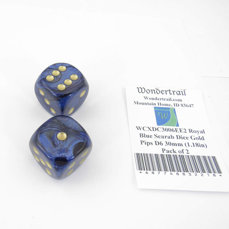 WCXDC3006EE2 Royal Blue Scarab Dice Gold Pips D6 30mm (1.18in) Pack of 2 Main Image