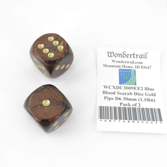 WCXDC3009EE2 Blue Blood Scarab Dice Gold Pips D6 30mm (1.18in) Pack of 2 Main Image