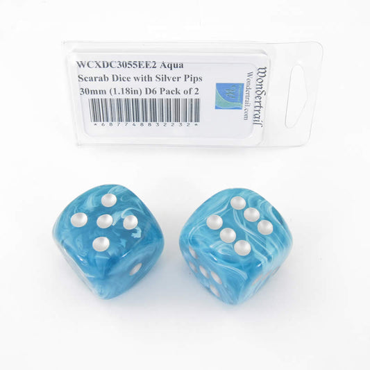 WCXDC3055EE2 Aqua Scarab Dice with Silver Pips 30mm (1.18in) D6 Pack of 2 Main Image