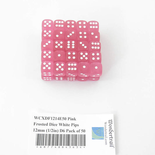 WCXDF1214E50 Pink Frosted Dice White Pips 12mm (1/2in) D6 Pack of 50 Main Image