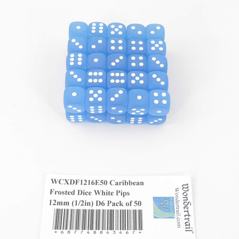 WCXDF1216E50 Caribbean Frosted Dice White Pips 12mm (1/2in) D6 Pack of 50 Main Image