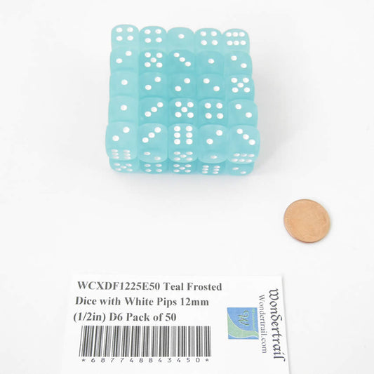 WCXDF1225E50 Teal Frosted Dice with White Pips 12mm (1/2in) D6 Pack of 50 Main Image