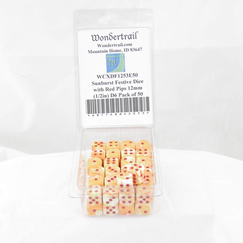 WCXDF1253E50 Sunburst Festive Dice with Red Pips 12mm (1/2in) D6 Pack of 50 Main Image