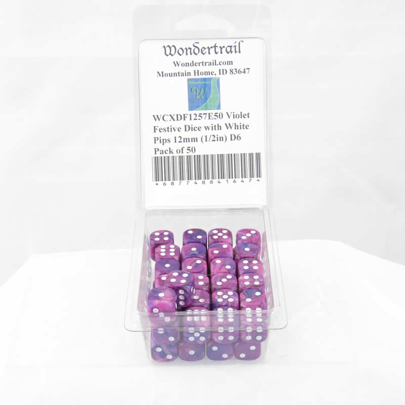 WCXDF1257E50 Violet Festive Dice with White Pips 12mm (1/2in) D6 Pack of 50 Main Image